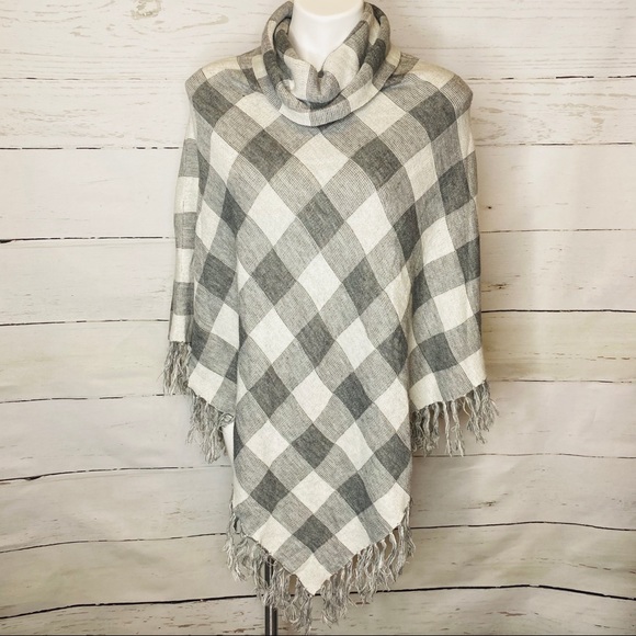 The Limited Sweaters - The Limited Cowl Neck Gray Check Plaid Knit Poncho